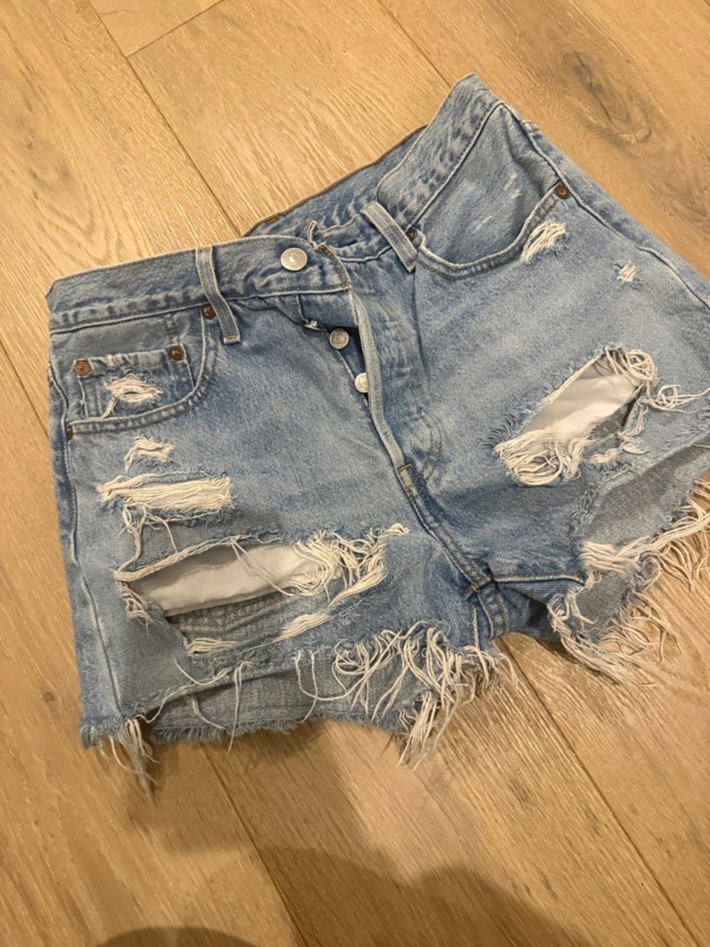 Levi's Light Blue Distressed High-Rise Denim Shorts
